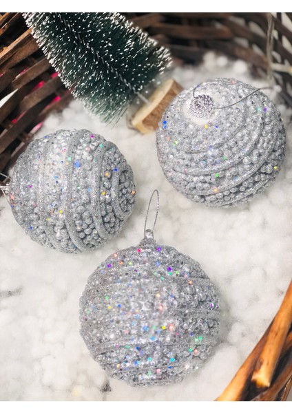 Yılbaşı Çam Ağaç Süsü Gümüş Silver Inci Pırıltılı Top Süs 8 cm 3 Lü Paket Cici Top