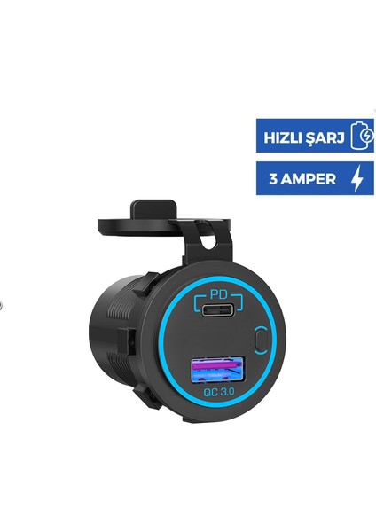 12V Araç & Karavan Led'li USB - Type C Soket | Hızlı Şarj