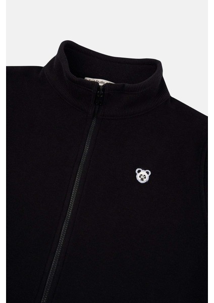 Panda Patch Supersoft Fermuarlı Çocuk Sweatshirt - Siyah