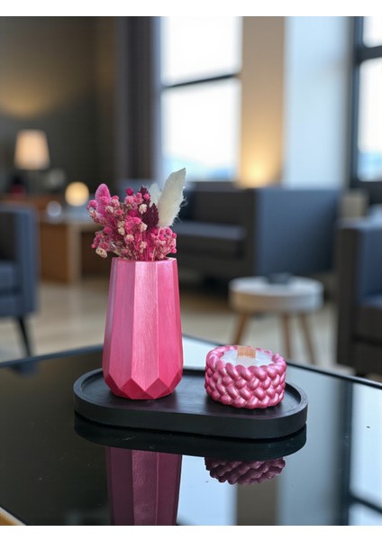 Dekoratif Elmas Vazo ( Çiçek Hediyemizdir), Mum ve Tabak 3’lü Set, Modern Masa Üstü Dekor