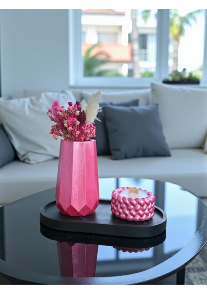 Dekoratif Elmas Vazo ( Çiçek Hediyemizdir), Mum ve Tabak 3’lü Set, Modern Masa Üstü Dekor