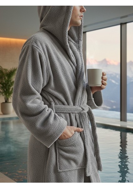 Kapşonlu Bukle Bornoz - Gri