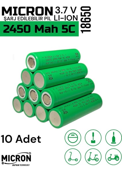 18650 3.7V (Volt) 2450 Mah 5c Lityum Şarj Edilebilir 10 Adet Pil(Batarya) fiyatları