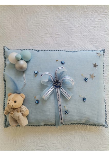 1 Adet Özel Tasarım Mavi Renk Sünnet Takı Yastığı 40 cm Uzunluk 30 cm Genişlik