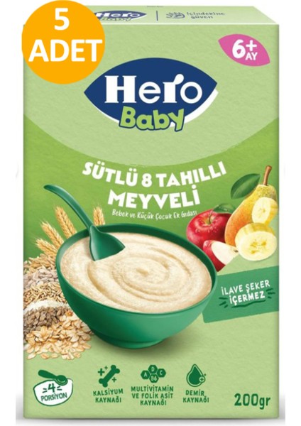 Hero Baby Sütlü 8 Tahıllı Meyveli Kaşık Mama 200G x 5 Adet