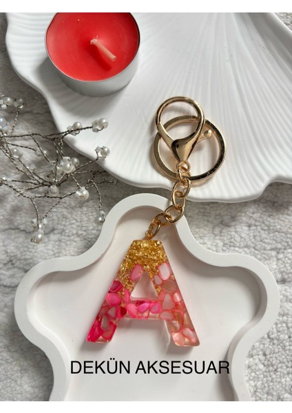 A Harfi Epoksi Pembe El Yapımı Anahtarlık