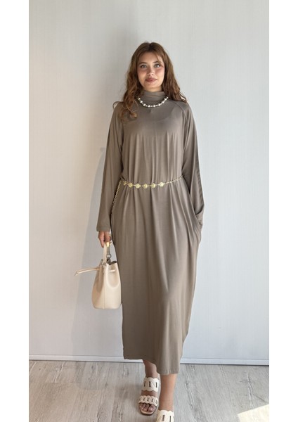 Kadın Yarım Balıkçı Yaka Uzun Kol Oversize Uzun Boy Elbise