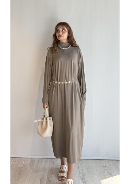 Kadın Yarım Balıkçı Yaka Uzun Kol Oversize Uzun Boy Elbise modelleri