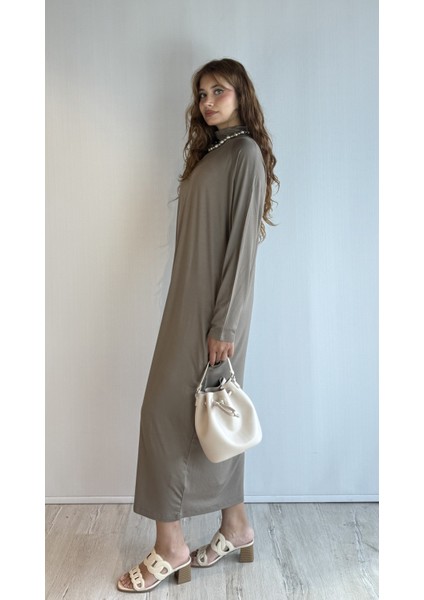 Kadın Yarım Balıkçı Yaka Uzun Kol Oversize Uzun Boy Elbise