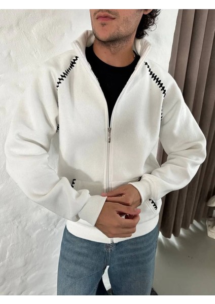 -Erkek Oversize Dik Yaka Fermuarlı Sweatshirt - Zincir Nakışli Kanguru Cepli