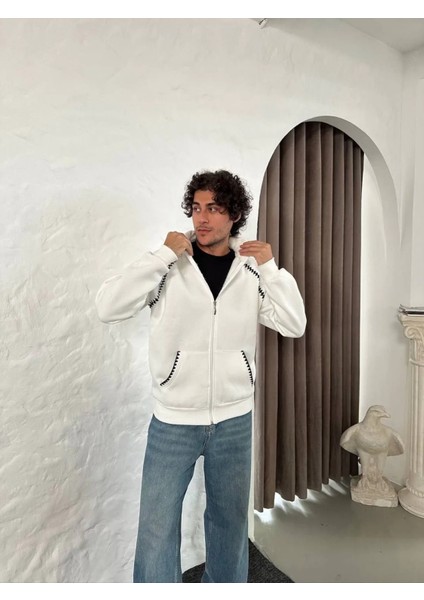 -Erkek Oversize Dik Yaka Fermuarlı Sweatshirt - Zincir Nakışli Kanguru Cepli modelleri