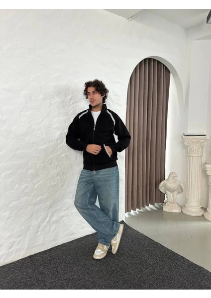 -Erkek Oversize Dik Yaka Fermuarlı Sweatshirt - Zincir Nakışli Kanguru Cepli modelleri