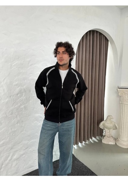 -Erkek Oversize Dik Yaka Fermuarlı Sweatshirt - Zincir Nakışli Kanguru Cepli indirimleri