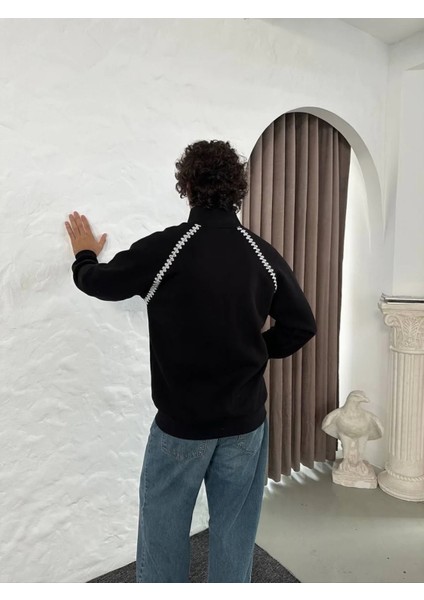 -Erkek Oversize Dik Yaka Fermuarlı Sweatshirt - Zincir Nakışli Kanguru Cepli