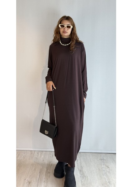 Kadın Yarım Balıkçı Yaka Uzun Kol Oversize Uzun Boy Elbise