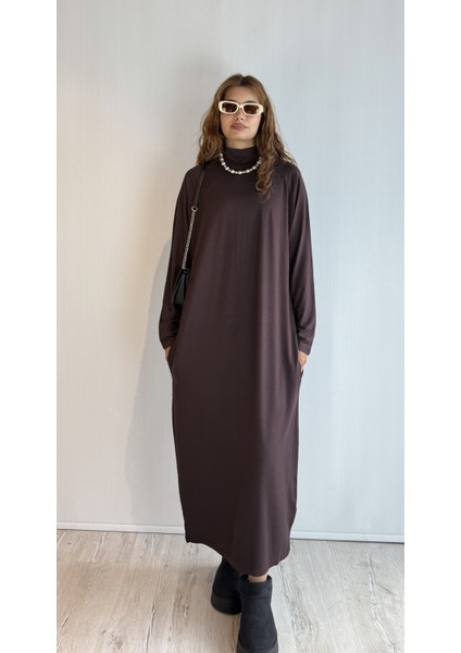 Kadın Yarım Balıkçı Yaka Uzun Kol Oversize Uzun Boy Elbise modelleri