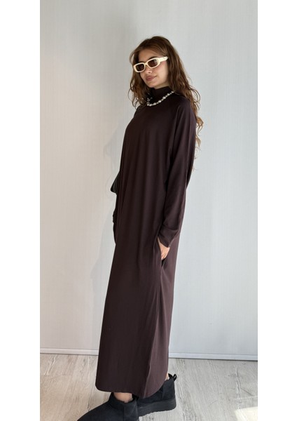 Kadın Yarım Balıkçı Yaka Uzun Kol Oversize Uzun Boy Elbise