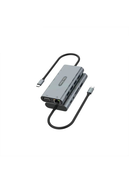 Go Des GD-6907 11 In 1 Type-C Hub Sd KART-RJ45-HDMI-VGA-USB Çoğaltıcı Gri