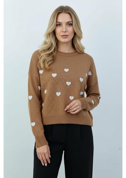 Taba Kalp Nakışlı Bisiklet Yaka Crop Kazak 2337