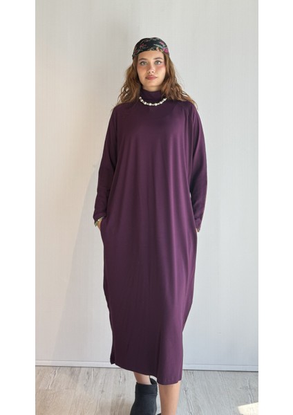 Kadın Yarım Balıkçı Yaka Uzun Kol Oversize Uzun Boy Elbise modelleri