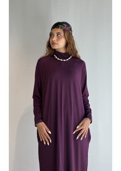 Kadın Yarım Balıkçı Yaka Uzun Kol Oversize Uzun Boy Elbise