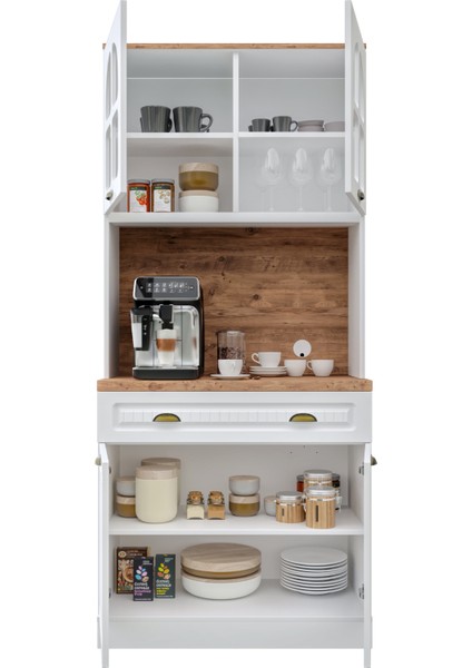 Efes 2 Kapaklı Kahve Köşesi – 93 cm Mdf, LED Aydınlatmalı, Çok Amaçlı Mutfak ve Airfryer Dolabı