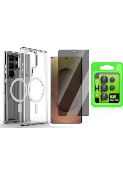 Galaxy S25 Ultra Kılıf Magsafe Şarj Özellikli Şeffaf Sert Pc Zore Embos Kapak + Hayalet Cam Ekran Koruyucu + Kamera Lens Koruyucu Set