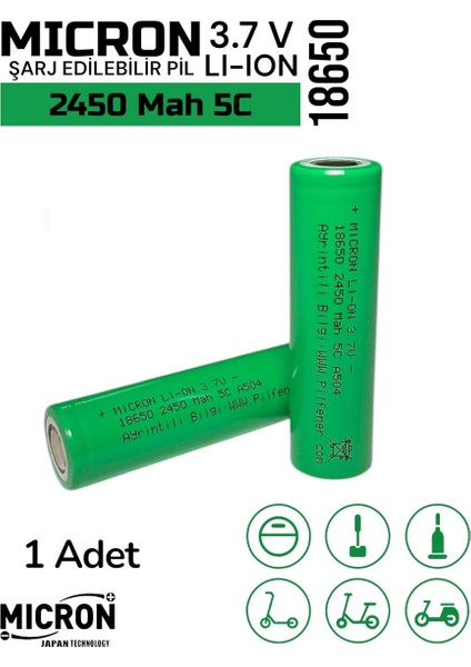 18650 3.7V (Volt) 2450 Mah 5c Lityum Şarj Edilebilir 1 Adet Pil(Batarya) Pil Kutusu Hediyeli