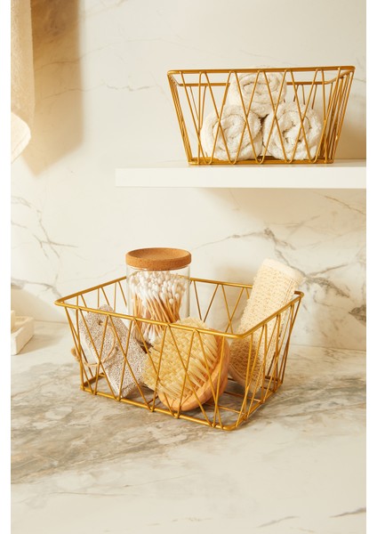 2'li Altın Renk Metal Sepet Set 25 x 18.5 x 10.5 / 20.5 x 15.5 x 10 cm