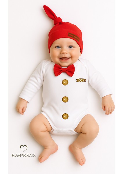 Minik Patron Erkek Bebek Uzun Kollu Çıtçıtlı Body ve Bere Seti Düğme Baskılı, Papyonlu %100 Pamuklu