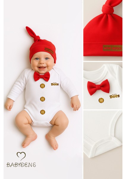 Minik Patron Erkek Bebek Uzun Kollu Çıtçıtlı Body ve Bere Seti Düğme Baskılı, Papyonlu %100 Pamuklu modelleri