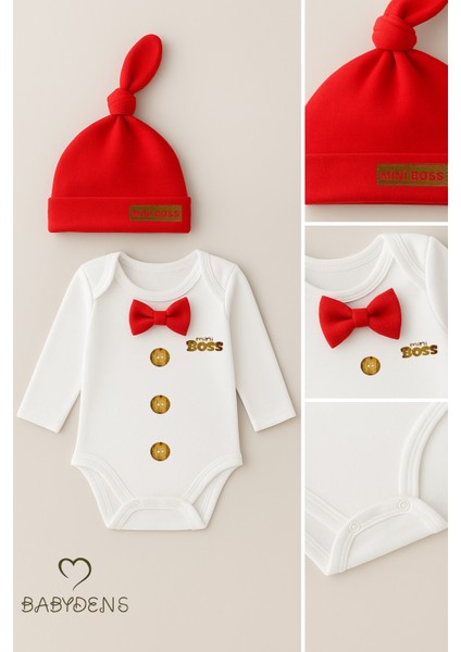 Minik Patron Erkek Bebek Uzun Kollu Çıtçıtlı Body ve Bere Seti Düğme Baskılı, Papyonlu %100 Pamuklu fırsatları