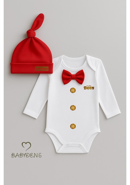 Minik Patron Erkek Bebek Uzun Kollu Çıtçıtlı Body ve Bere Seti Düğme Baskılı, Papyonlu %100 Pamuklu indirimleri