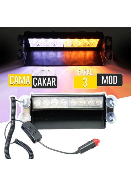 Araç Içi Vantuzlu Cama Yapışabilen 8 LED Turuncu LED Çakar