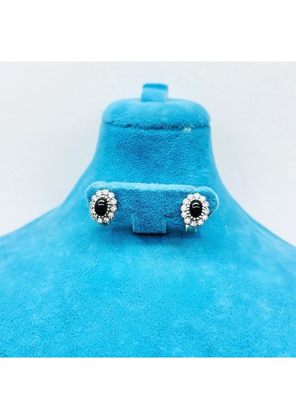 Zirkon ve Oltu Taşı Tasarım İşçilikli 925 Ayar Gümüş Küpe