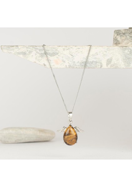 Kaplan Gözü Damla Kanatlı Dogal Taş Kolye