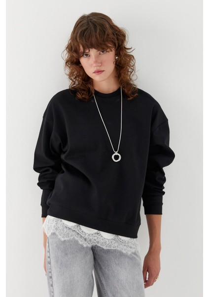 Düz Basic Bisiklet Yaka Sweatshirt Siyah