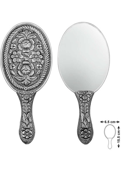 925 Ayar Gümüş Papatya ve Gül Motifli El Aynası
