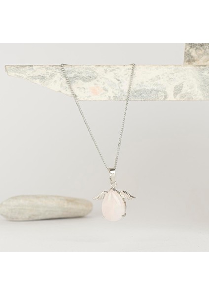 Kristal Kuvars Damla Kanatlı Dogal Taş Kolye