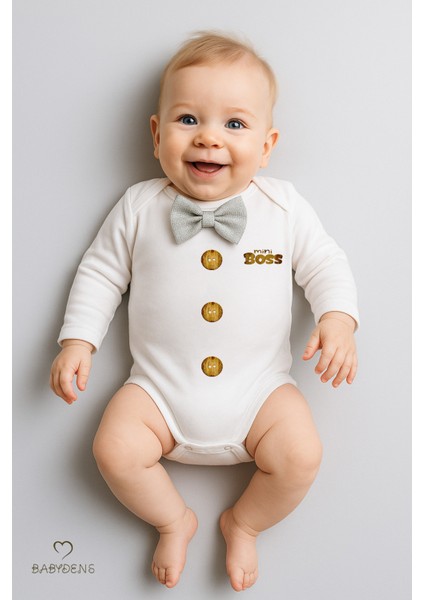 Minik Patron Papyonlu Bebek Body ,düğme Deseni Baskılı, Erkek Bebek Uzun Kollu Çıtçıtlı Body Pamuklu fırsatları