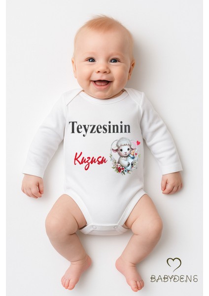 Teyzesinin Kuzusu Yazılı Bebek Zıbını %100 Pamuk Unisex Uzun Kollu Body 0-24 Ay Çıtçıtlı Bebek Body