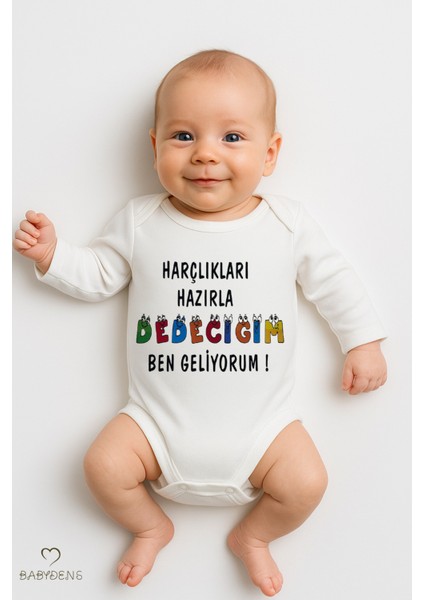"harçlıkları Hazırla Dedeciğim Ben Geliyorum!" Yazılı Uzun Kollu Bebek Zıbını %100 Pamuklu Body