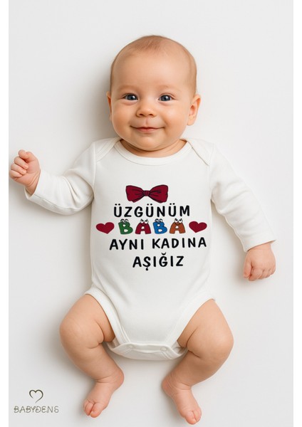 “üzgünüm Baba Aynı Kadına Aşığız” Baskılı %100 Pamuk Body Uzun Kollu Bebek Zıbını 0-24 Ay Body