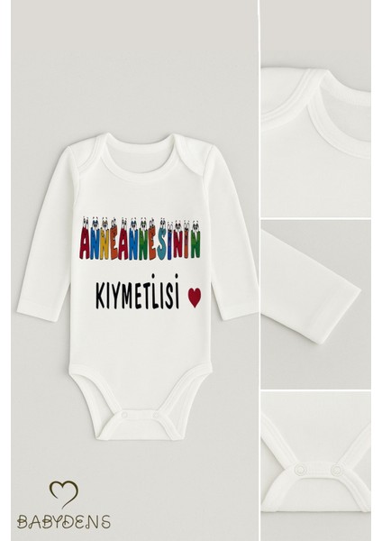 “anneannesinin Kıymetlisi” Yazılı Uzun Kollu Bebek Body %100 Pamuk Çıtçıtlı Zıbın 0-24 Ay Hediyelik