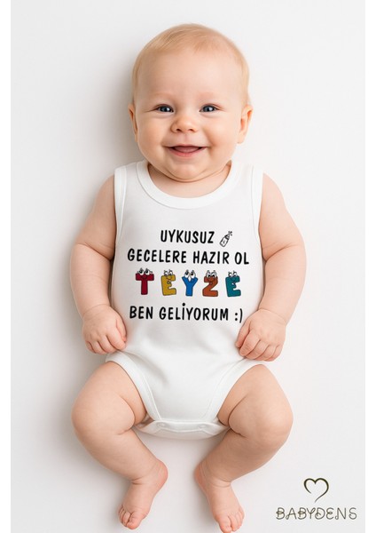 Uykusuz Gecelere Hazır Ol Teyze Ben Geliyorum Yazılı Pamuk Kolsuz Bebek Body Zıbın Tulum