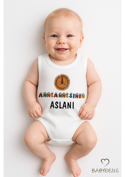 Anneannesinin Aslanı Yazılı Kolsuz Çıtçıtlı Body %100 Pamuk Yazlık Bebek Body Hediyelik Bebek Zıbını