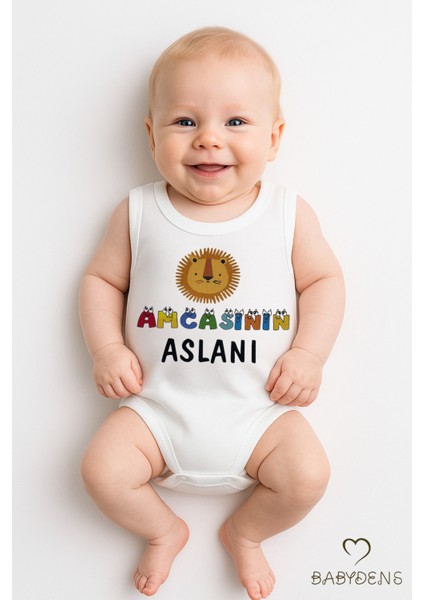 Amcasının Aslanı Yazılı Bebek Zıbın Kolsuz Çıtçıtlı Body Pamuk Hediyelik Bebek Body Tulum