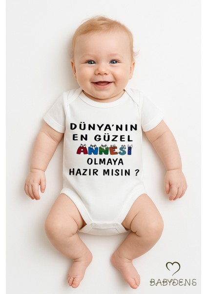 Dünyanın En Güzel Annesi Olmaya Hazır Mısın Yazılı Çıtçıtlı Bebek Body %100 Pamuk Kısa Kollu Zıbın