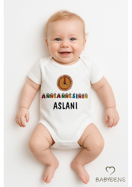 Anneannesinin Aslanı Yazılı Çıtçıtlı Bebek Zıbını | %100 Pamuk Kısa Kollu Body Tulum | 0-3 Ay-24 Ay