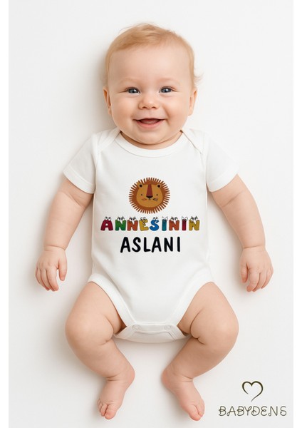 Annesinin Aslanı Yazılı Çıtçıtlı Bebek Body Tulum | %100 Pamuk Kısa Kollu Zıbın | Erkek Bebek Body